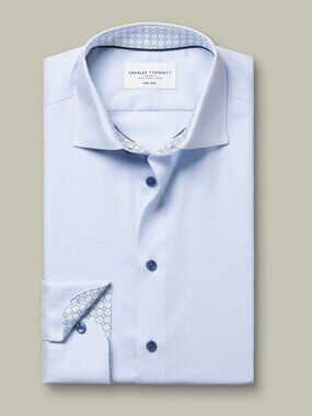 Charles Tyrwhitt Non-Iron Stretch Printed Trim Shirt, Blue, 16.5", Classic Fit